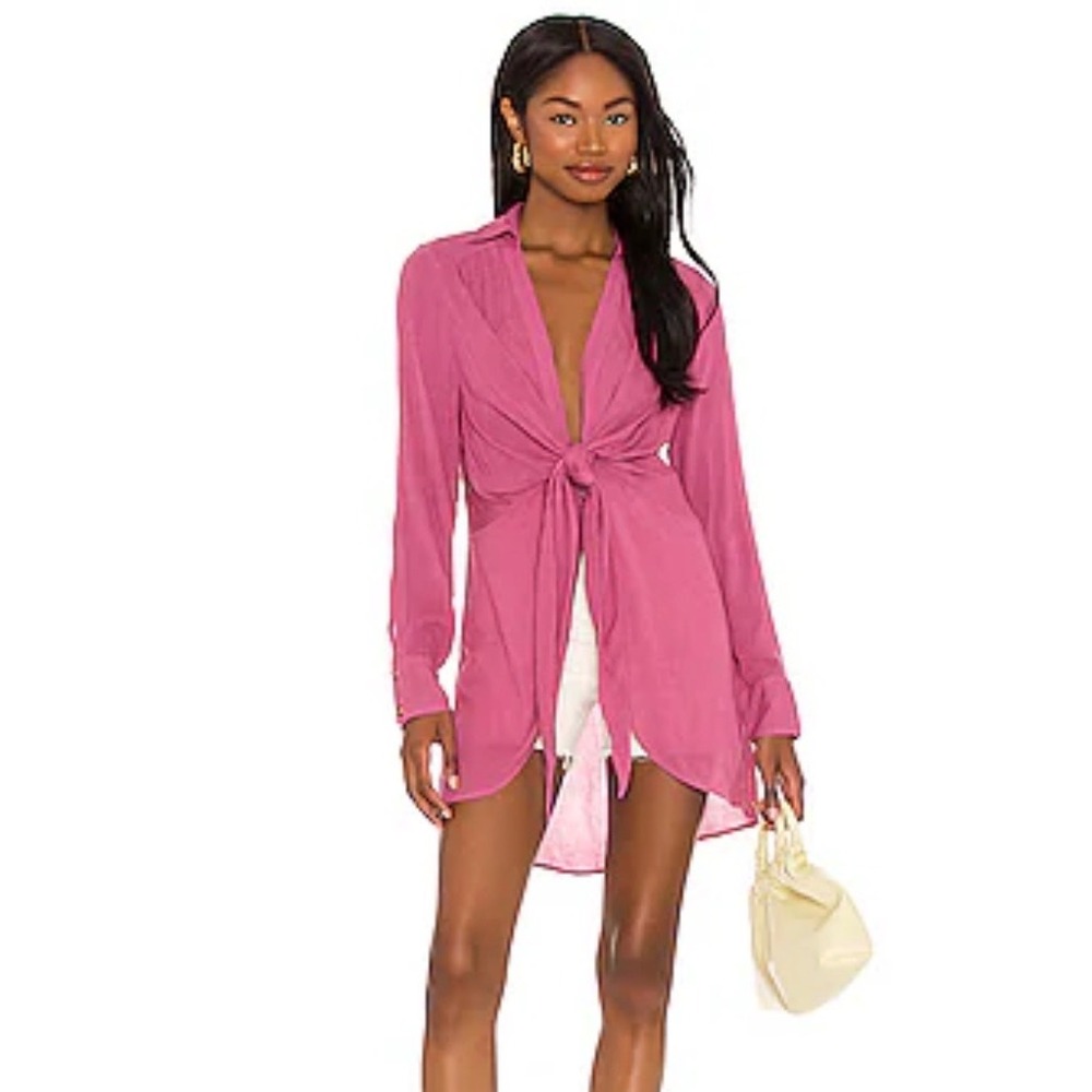 Free People Tie Front Tunic Women Medium Pink Long Sleeve Top Boho‎ Beach